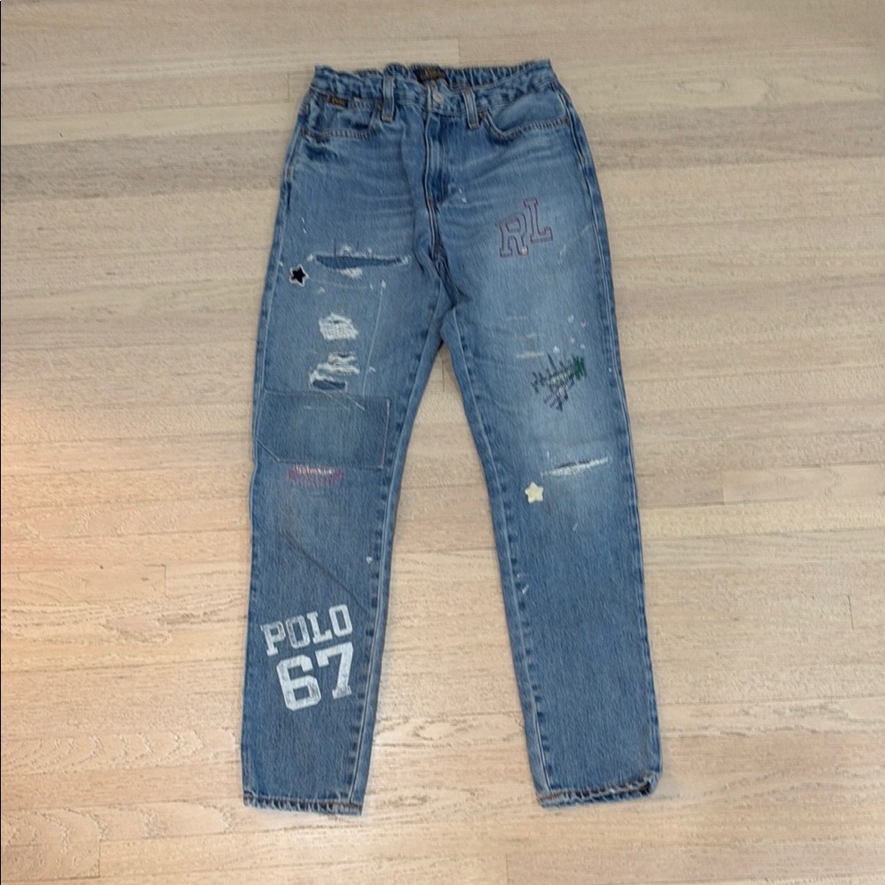 Polo by Ralph Lauren Blue Distressed Kids Jeans with Embroidered Patches nwot